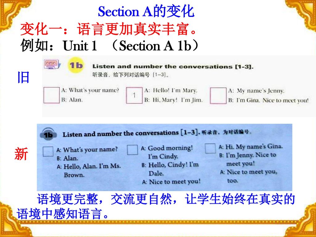 Section A的变化 变化一：语言更加真实丰富。 例如：Unit 1 （Section A 1b） 旧 新