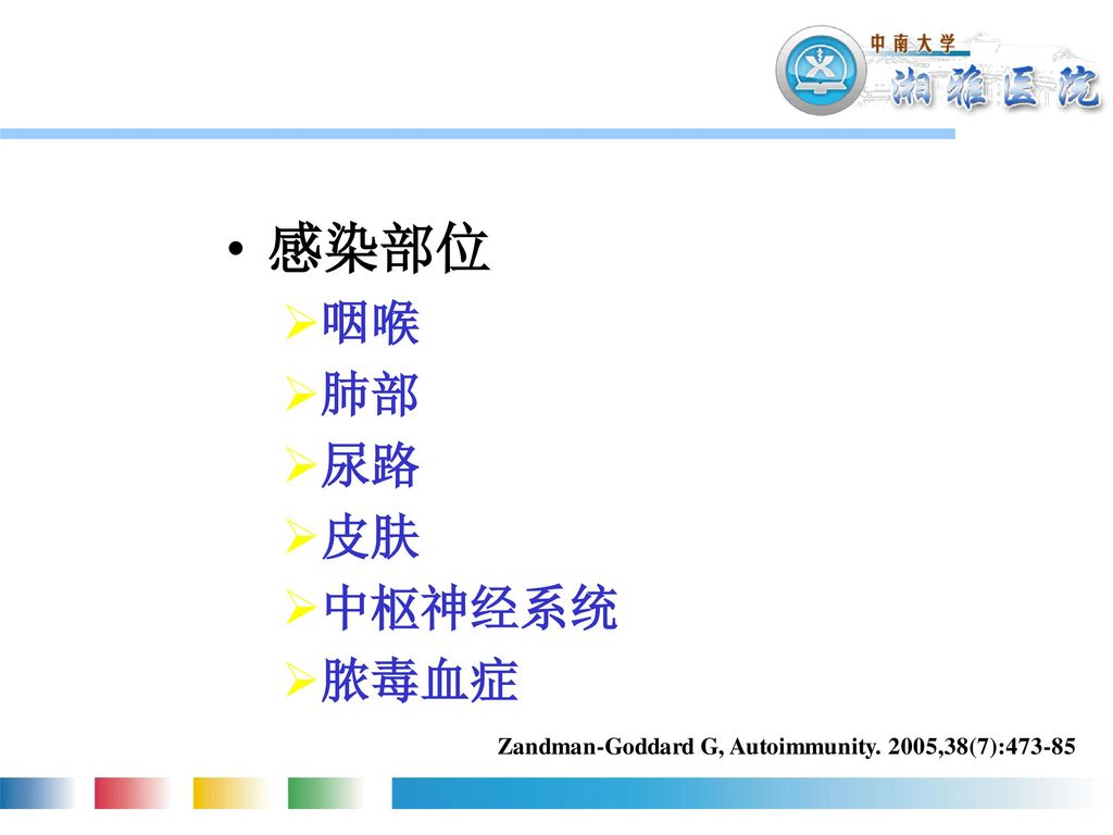 感染部位 咽喉 肺部 尿路 皮肤 中枢神经系统 脓毒血症