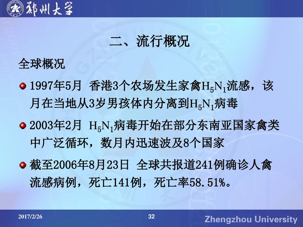 二、流行概况 全球概况 1997年5月 香港3个农场发生家禽H5N1流感，该月在当地从3岁男孩体内分离到H5N1病毒