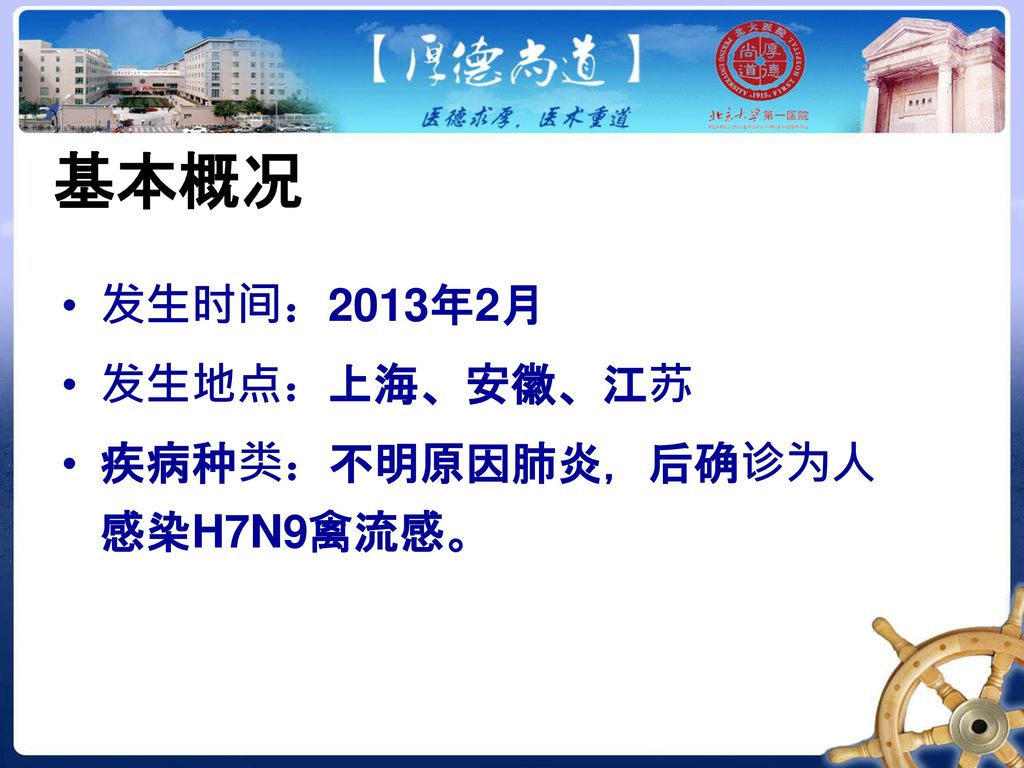 基本概况 发生时间：2013年2月 发生地点：上海、安徽、江苏 疾病种类：不明原因肺炎，后确诊为人感染H7N9禽流感。