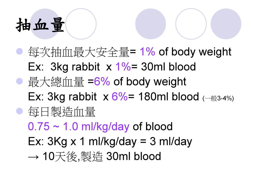 抽血量 每次抽血最大安全量= 1% of body weight Ex: 3kg rabbit x 1%= 30ml blood