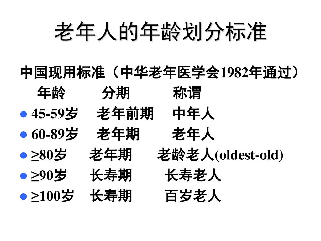 老年人的年龄划分标准 中国现用标准（中华老年医学会1982年通过） 年龄 分期 称谓 45-59岁 老年前期 中年人