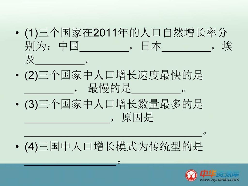 (1)三个国家在2011年的人口自然增长率分别为：中国________，日本________，埃及________。