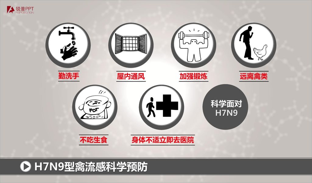 勤洗手 屋内通风 加强锻炼 远离禽类 科学面对H7N9 不吃生食 身体不适立即去医院 H7N9型禽流感科学预防