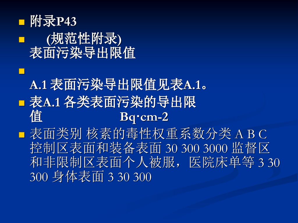 附录P43 (规范性附录) 表面污染导出限值. A.1 表面污染导出限值见表A.1。 表A.1 各类表面污染的导出限值 Bq·cm-2.