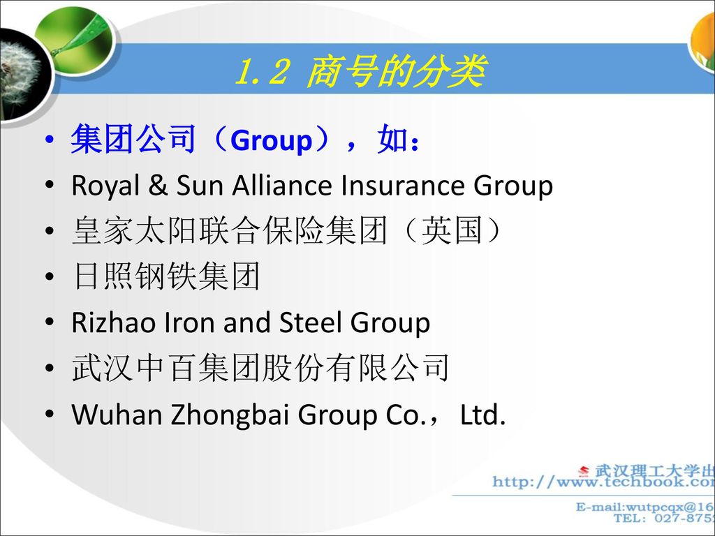 1.2 商号的分类 集团公司（Group），如： Royal & Sun Alliance Insurance Group