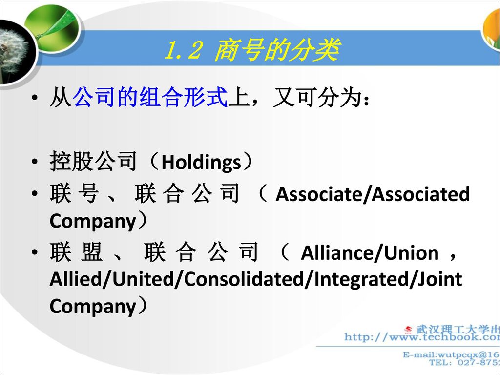 1.2 商号的分类 从公司的组合形式上，又可分为： 控股公司（Holdings）