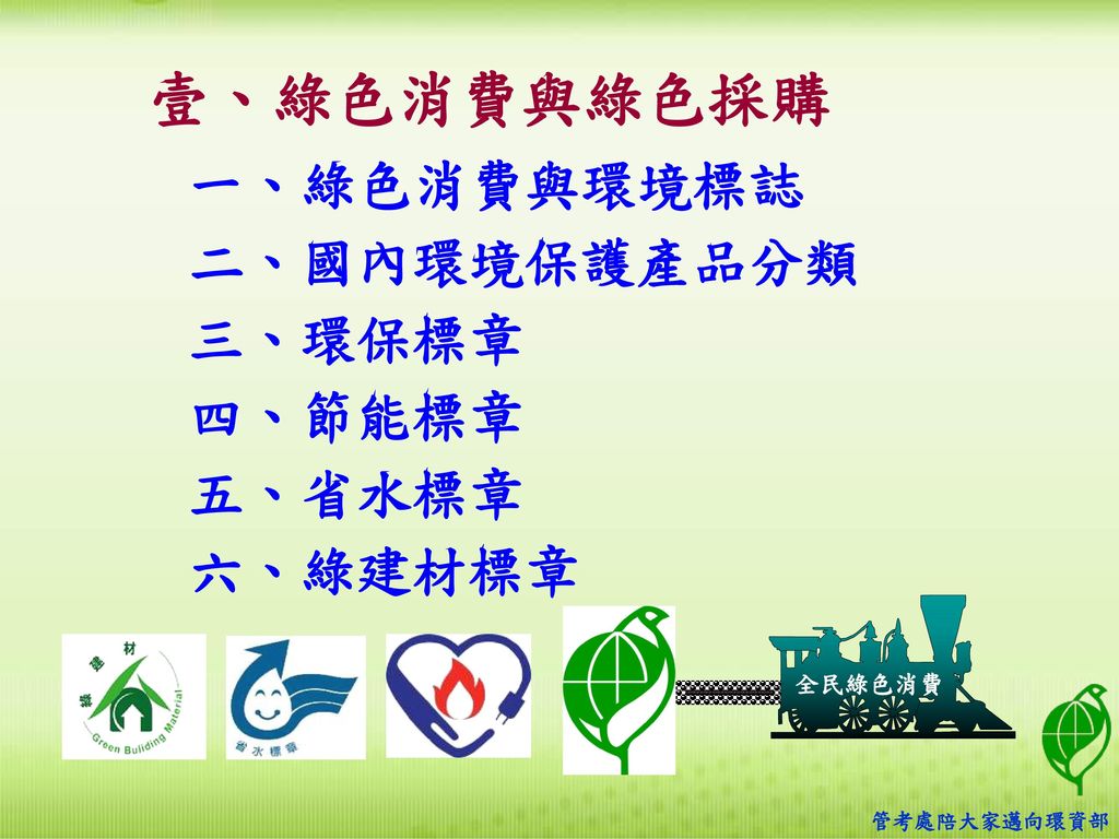 壹、綠色消費與綠色採購 一、綠色消費與環境標誌 二、國內環境保護產品分類 三、環保標章 四、節能標章 五、省水標章 六、綠建材標章