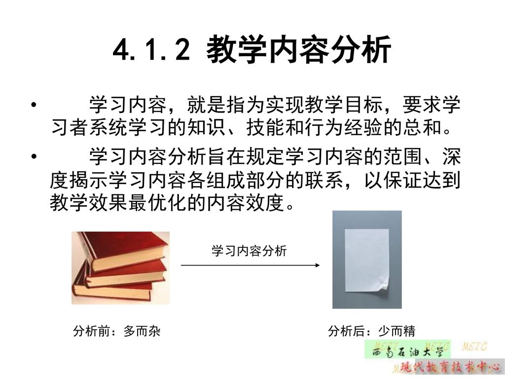 4.1.2 教学内容分析 学习内容，就是指为实现教学目标，要求学习者系统学习的知识、技能和行为经验的总和。