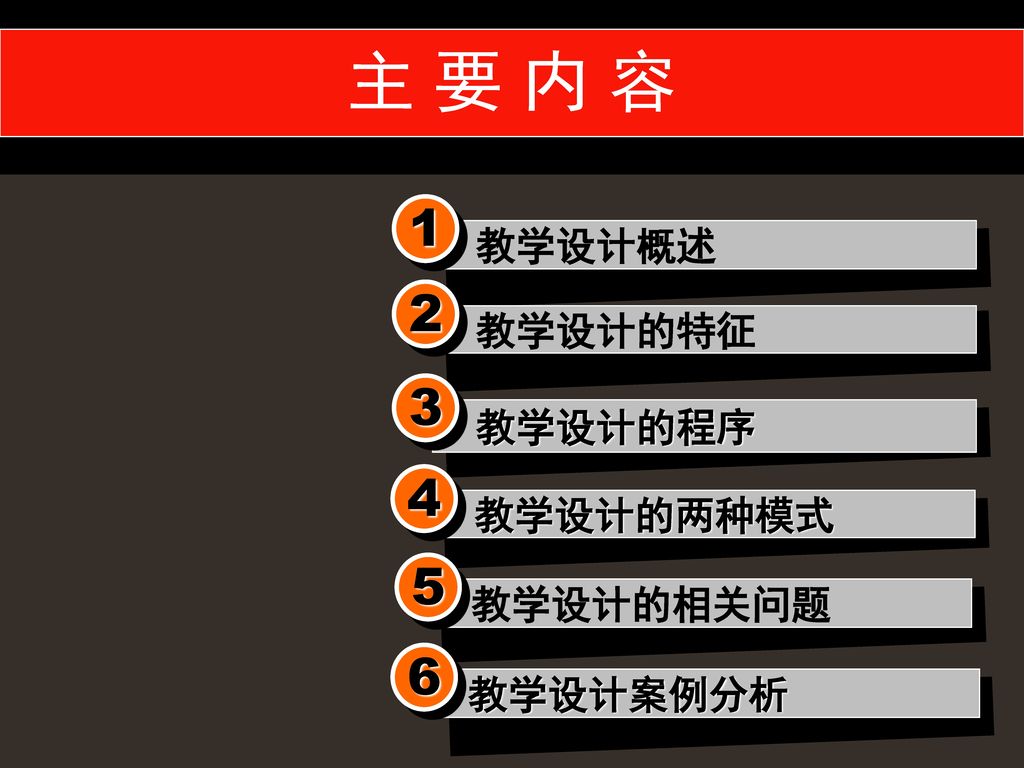 主 要 内 容 教学设计概述 教学设计的特征 教学设计的程序 教学设计的两种模式 教学设计的相关问题