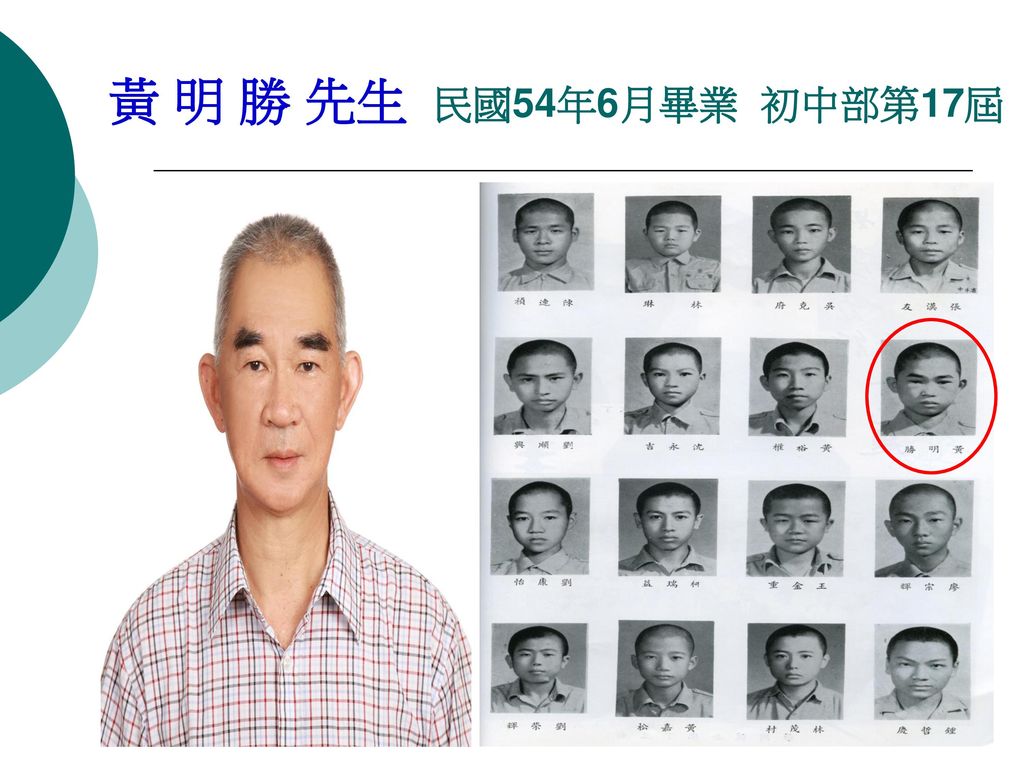 黃 明 勝 先生 民國54年6月畢業 初中部第17屆