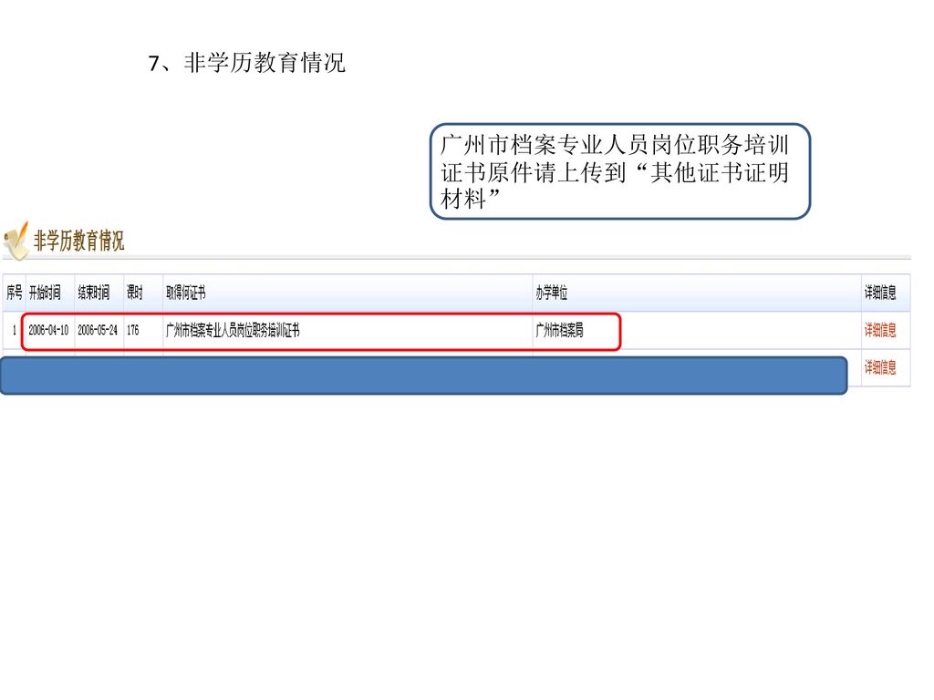 7、非学历教育情况 广州市档案专业人员岗位职务培训证书原件请上传到 其他证书证明材料
