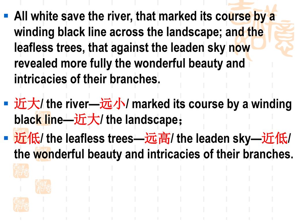 All white save the river, that marked its course by a winding black line across the landscape; and the leafless trees, that against the leaden sky now revealed more fully the wonderful beauty and intricacies of their branches.