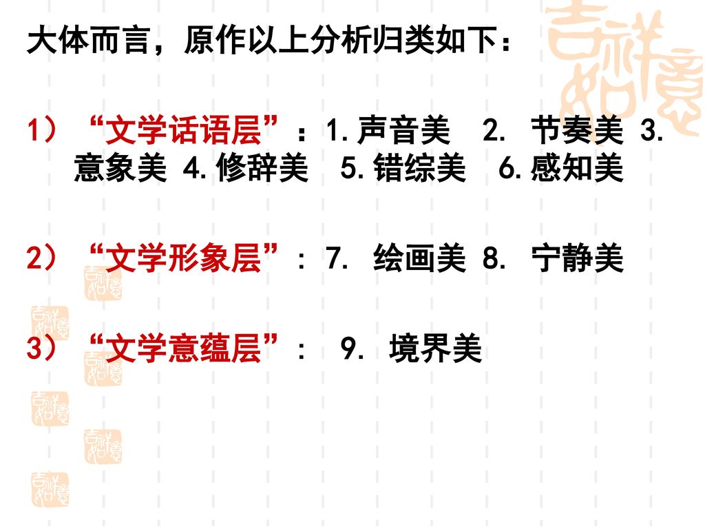 大体而言，原作以上分析归类如下： 1） 文学话语层 ：1.声音美 2. 节奏美 3.意象美 4.修辞美 5.错综美 6.感知美.