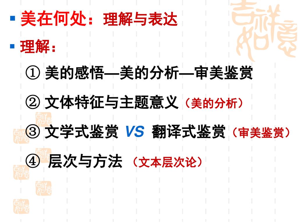 美在何处：理解与表达 理解： ① 美的感悟—美的分析—审美鉴赏 ② 文体特征与主题意义（美的分析）