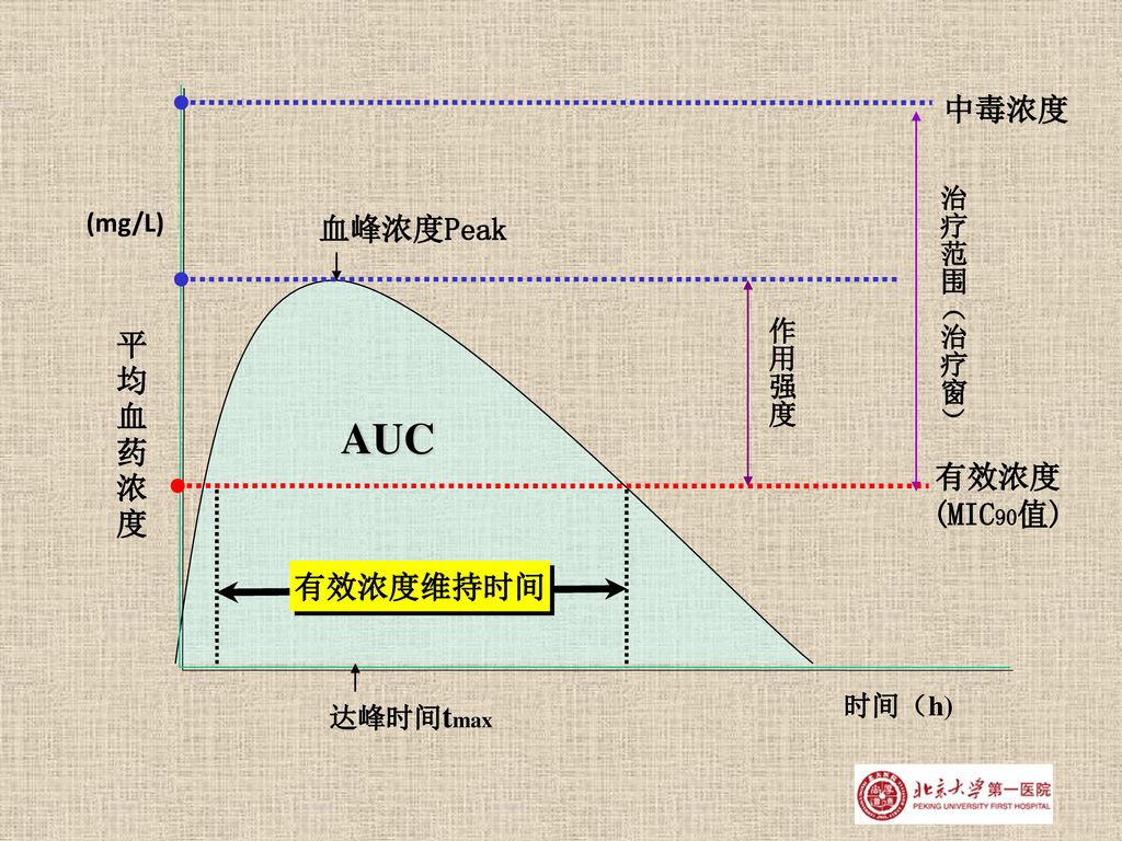 AUC 中毒浓度 血峰浓度Peak 平均血药浓度 有效浓度 (MIC90值) 有效浓度维持时间 治疗范围（治疗窗） (mg/L) 作用强度