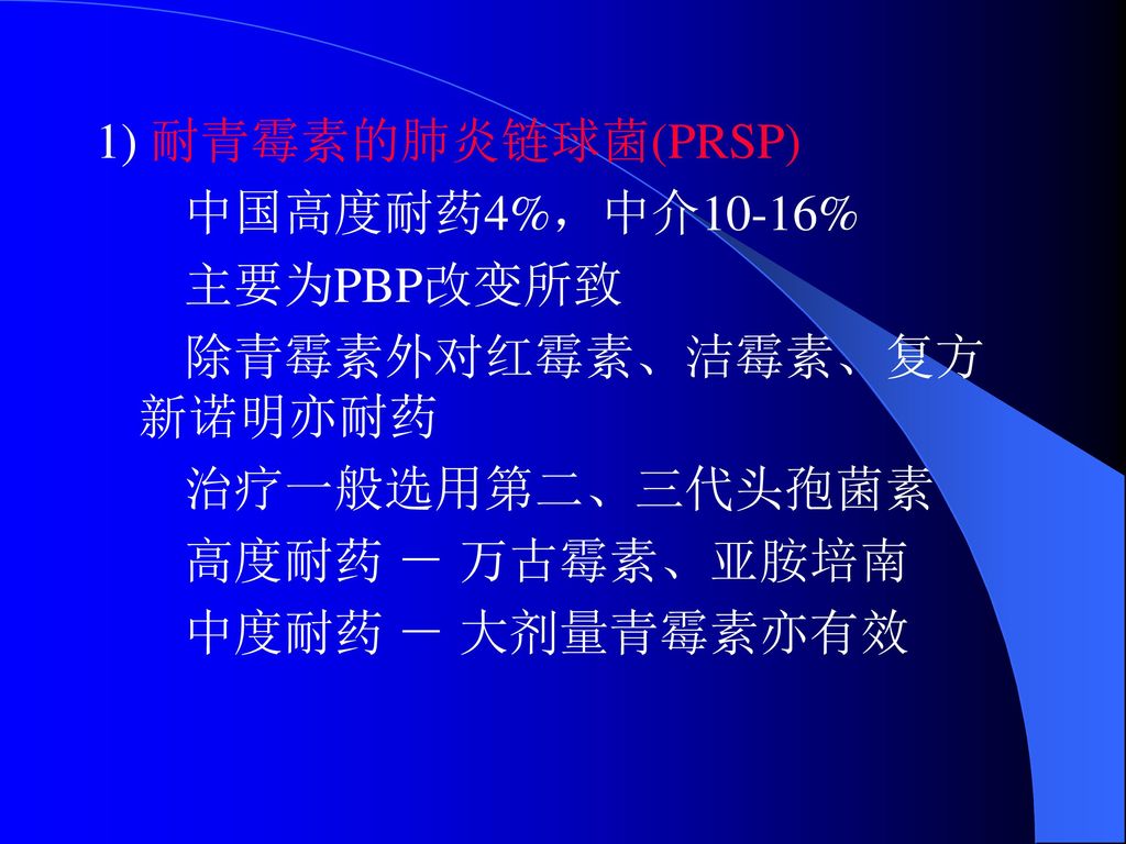 1) 耐青霉素的肺炎链球菌(PRSP) 中国高度耐药4%，中介10-16% 主要为PBP改变所致. 除青霉素外对红霉素、洁霉素、复方 新诺明亦耐药. 治疗一般选用第二、三代头孢菌素. 高度耐药 － 万古霉素、亚胺培南.