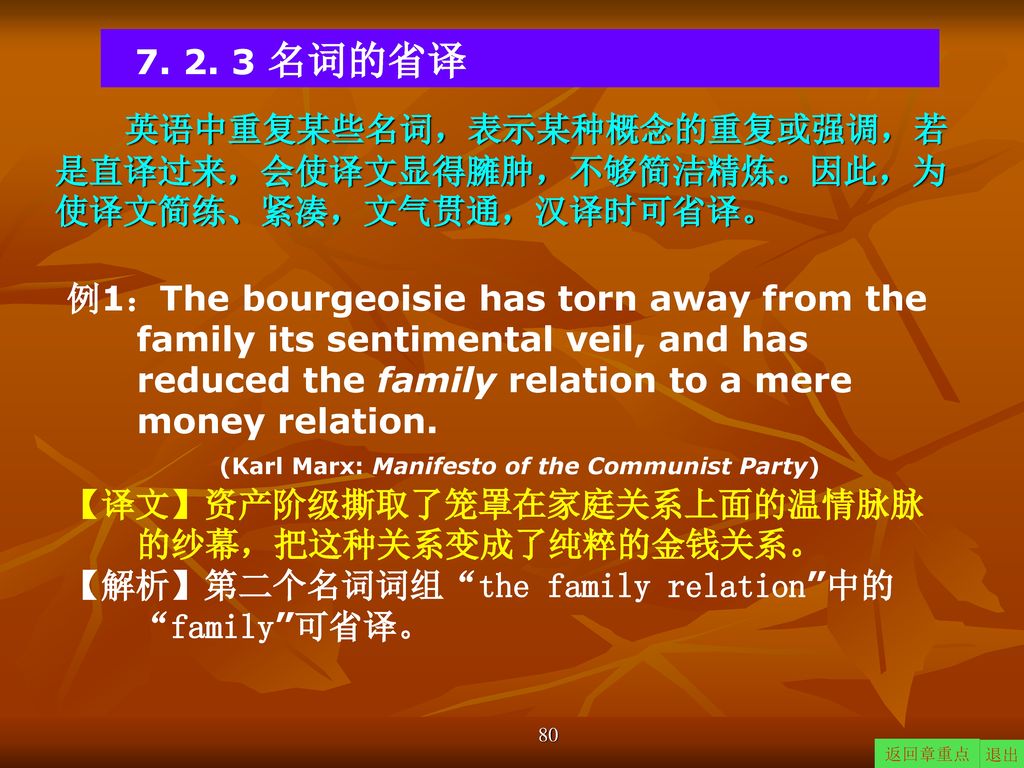 名词的省译 英语中重复某些名词，表示某种概念的重复或强调，若是直译过来，会使译文显得臃肿，不够简洁精炼。因此，为使译文简练、紧凑，文气贯通，汉译时可省译。