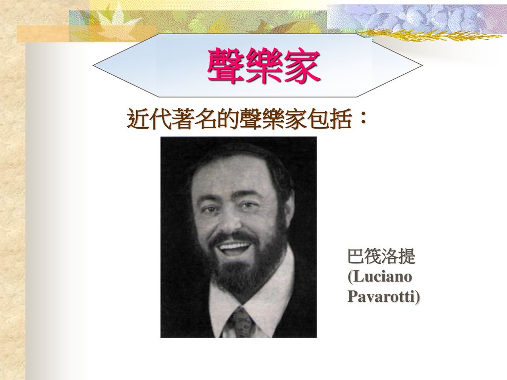 聲樂家 近代著名的聲樂家包括： 巴筏洛提(Luciano Pavarotti)