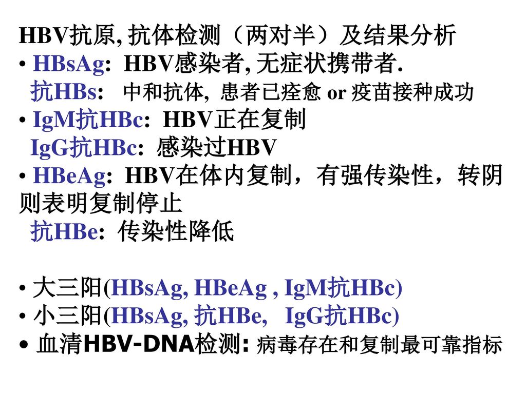 HBV抗原, 抗体检测（两对半）及结果分析 HBsAg: HBV感染者, 无症状携带者. 抗HBs: 中和抗体, 患者已痊愈 or 疫苗接种成功. IgM抗HBc: HBV正在复制. IgG抗HBc: 感染过HBV.
