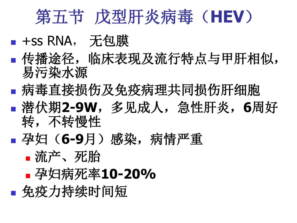 第五节 戊型肝炎病毒（HEV） +ss RNA， 无包膜 传播途径，临床表现及流行特点与甲肝相似，易污染水源