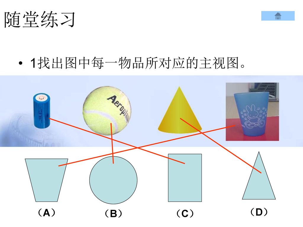 随堂练习 1找出图中每一物品所对应的主视图。 （D） （C） （B） （A）