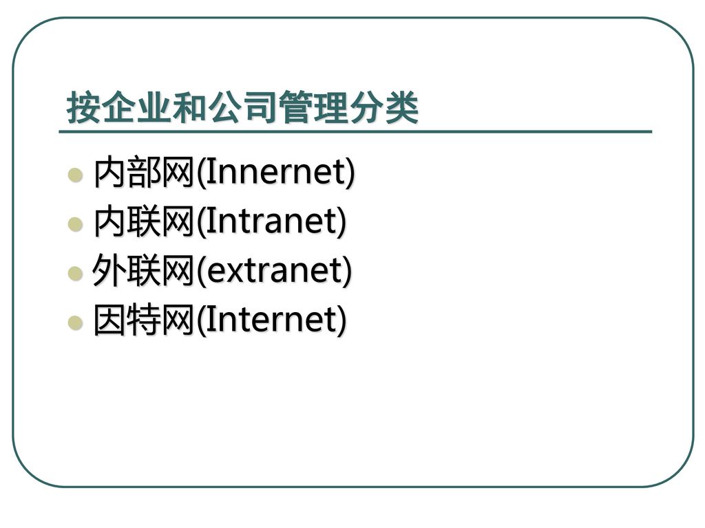 按企业和公司管理分类 内部网(Innernet) 内联网(Intranet) 外联网(extranet) 因特网(Internet)