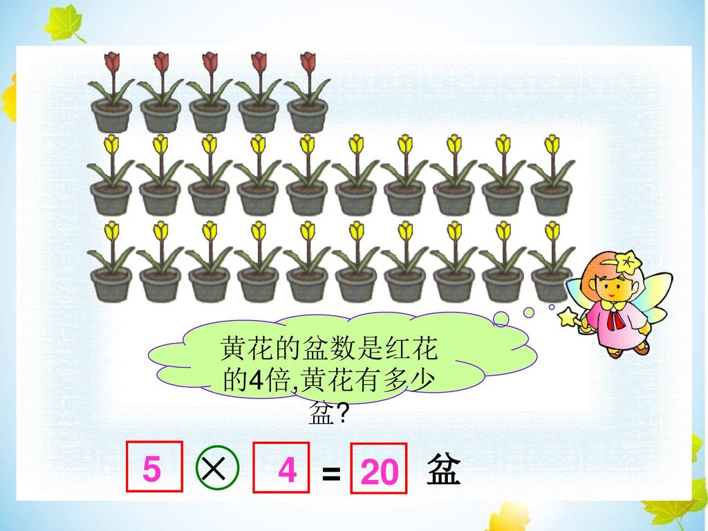 黄花的盆数是红花的4倍,黄花有多少盆 = 盆 5 × 4 20