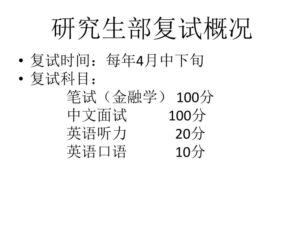 研究生部复试概况 复试时间：每年4月中下旬. 复试科目： 笔试（金融学） 100分. 中文面试 100分.