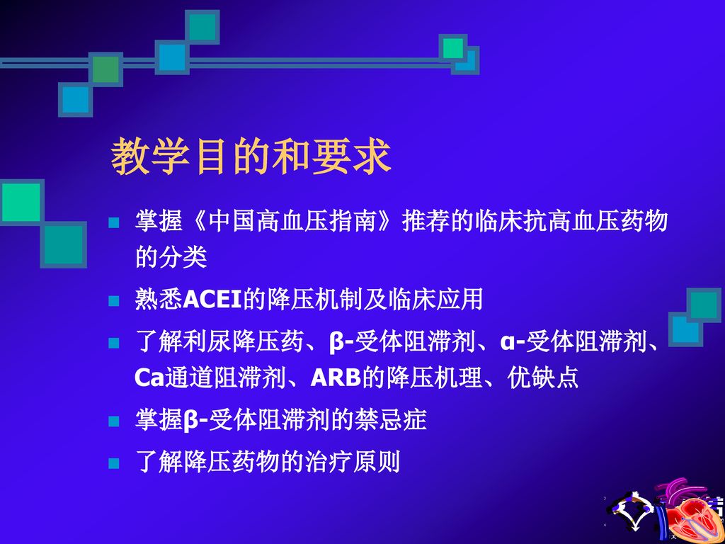 教学目的和要求 掌握《中国高血压指南》推荐的临床抗高血压药物的分类 熟悉ACEI的降压机制及临床应用