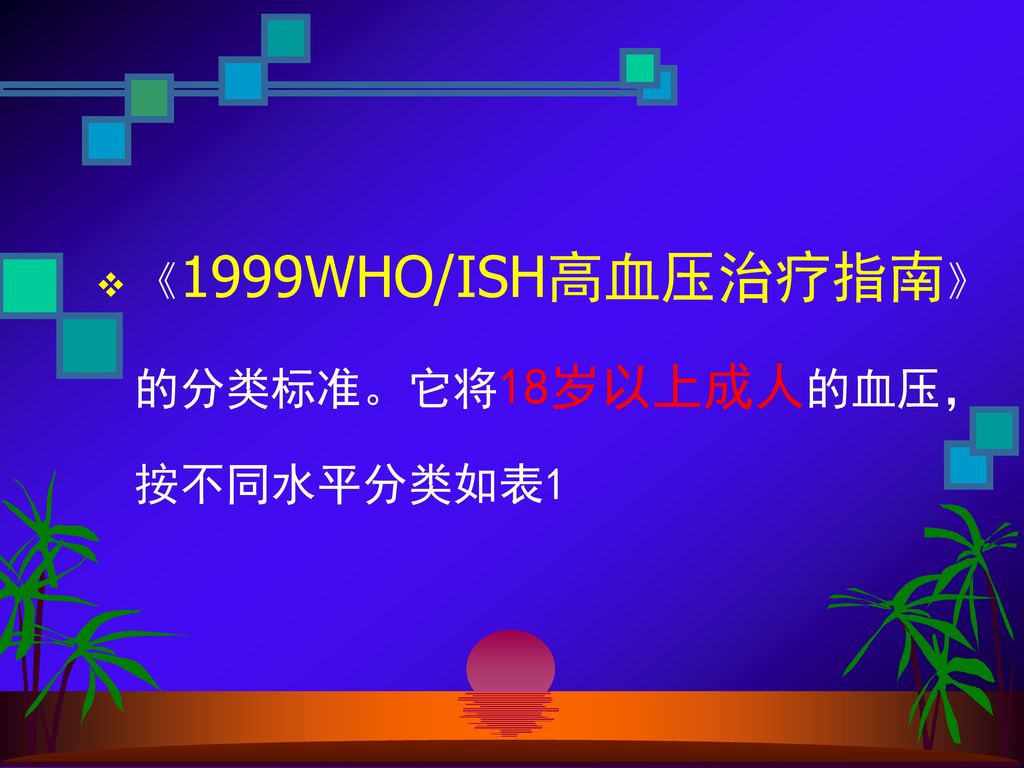 《1999WHO/ISH高血压治疗指南》的分类标准。它将18岁以上成人的血压，按不同水平分类如表1