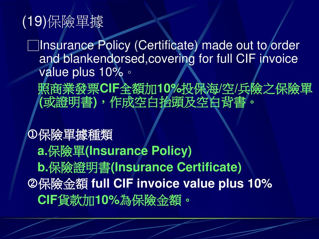 (19)保險單據 □Insurance Policy (Certificate) made out to order and blankendorsed,covering for full CIF invoice value plus 10%。