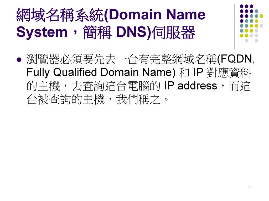 網域名稱系統(Domain Name System，簡稱 DNS)伺服器