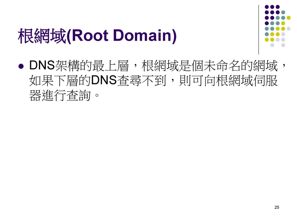根網域(Root Domain) DNS架構的最上層，根網域是個未命名的網域，如果下層的DNS查尋不到，則可向根網域伺服器進行查詢。