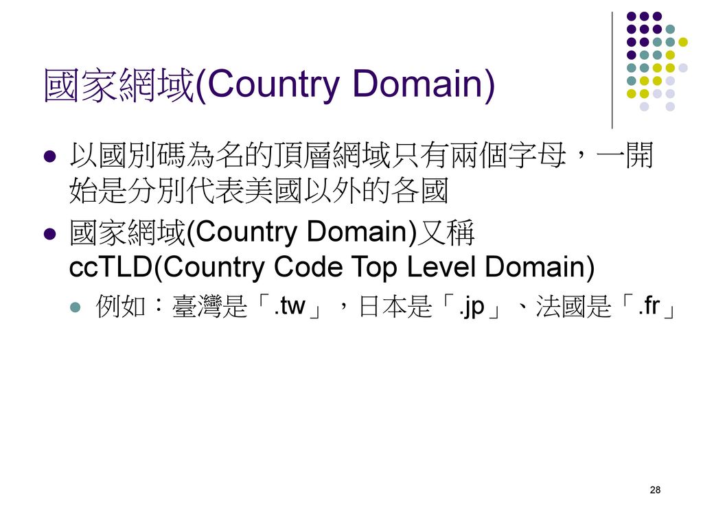 國家網域(Country Domain) 以國別碼為名的頂層網域只有兩個字母，一開始是分別代表美國以外的各國