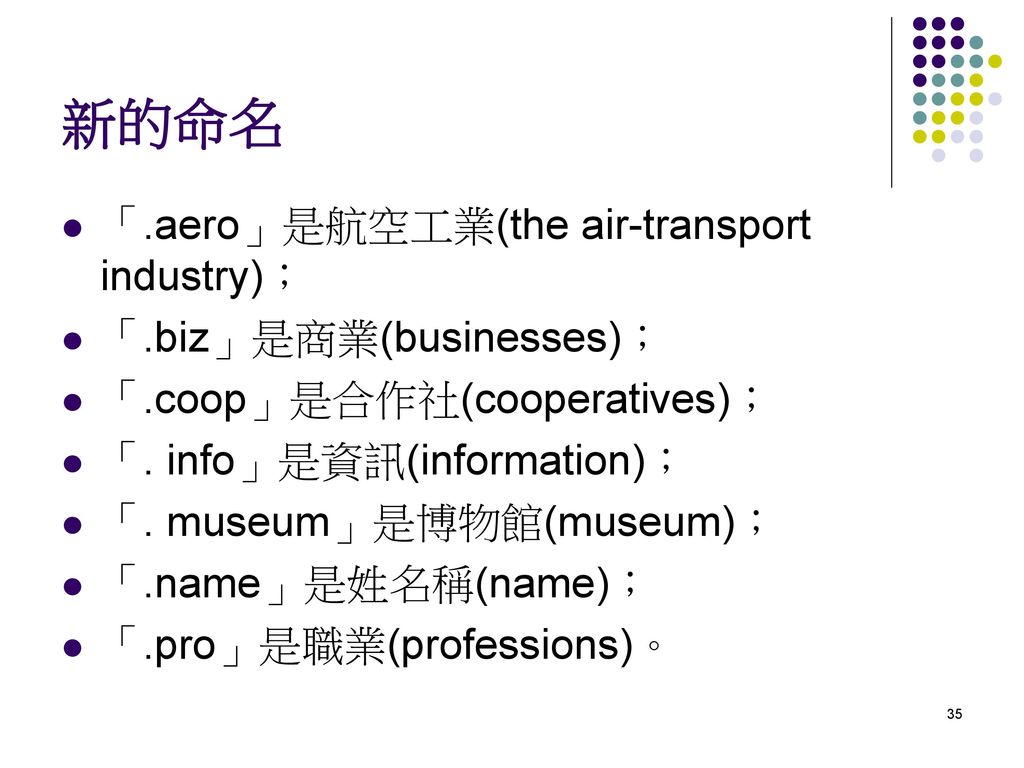 新的命名 「.aero」是航空工業(the air-transport industry)； 「.biz」是商業(businesses)；