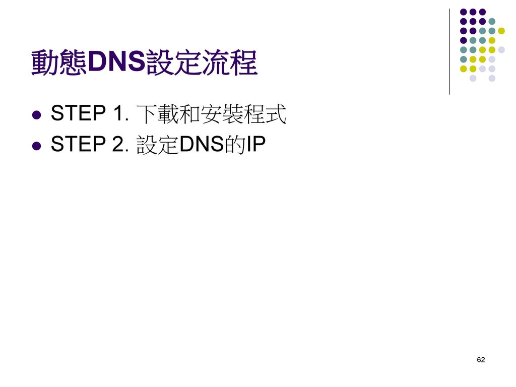 動態DNS設定流程 STEP 1. 下載和安裝程式 STEP 2. 設定DNS的IP