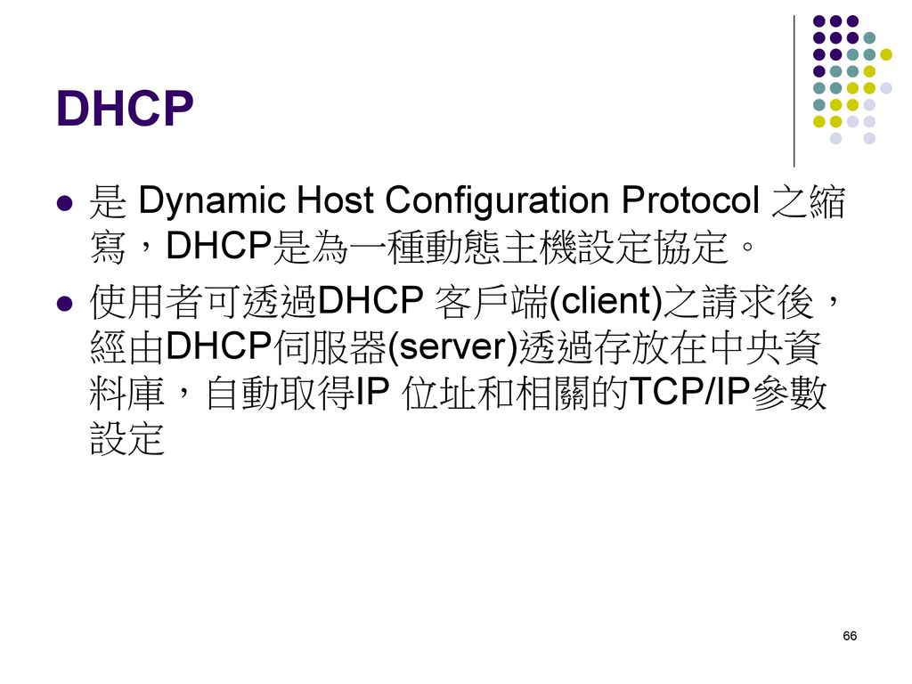 DHCP 是 Dynamic Host Configuration Protocol 之縮寫，DHCP是為一種動態主機設定協定。