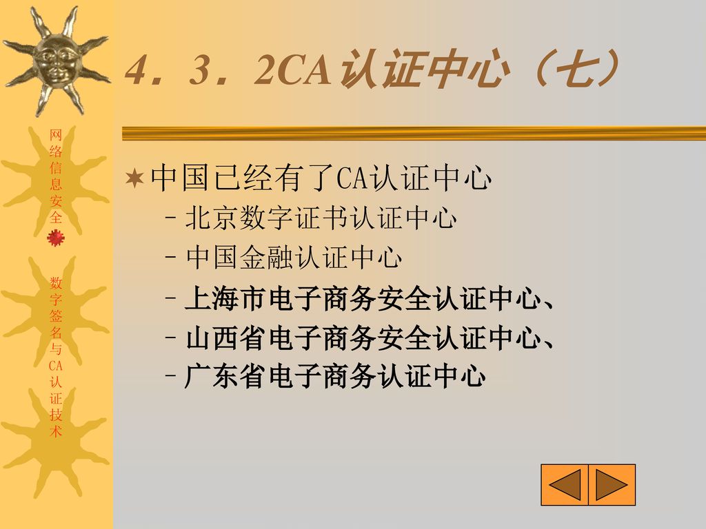 4．3．2CA认证中心（七） 中国已经有了CA认证中心 北京数字证书认证中心 中国金融认证中心 上海市电子商务安全认证中心、