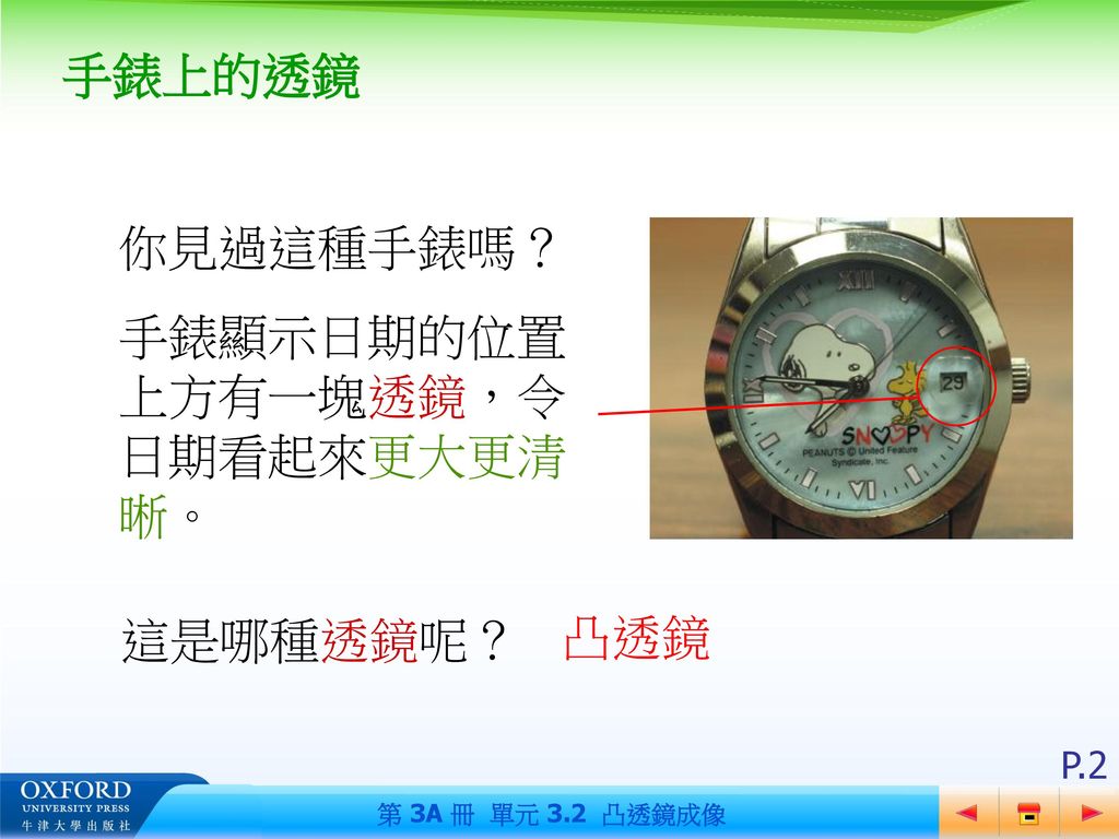 手錶顯示日期的位置上方有一塊透鏡，令日期看起來更大更清晰。