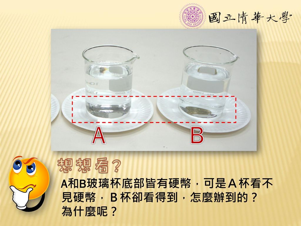 A B A和B玻璃杯底部皆有硬幣，可是Ａ杯看不見硬幣，Ｂ杯卻看得到，怎麼辦到的？ 為什麼呢？