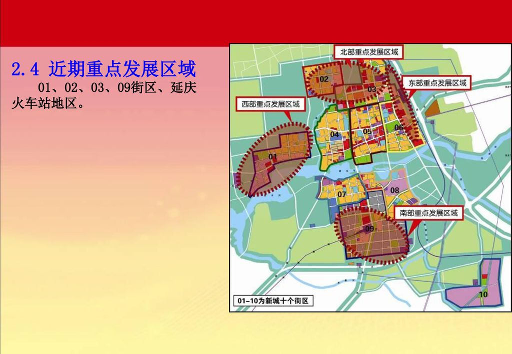 2.4 近期重点发展区域 01、02、03、09街区、延庆火车站地区。