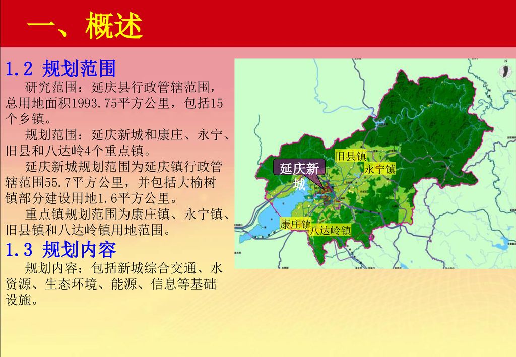 一、概述 1.2 规划范围 1.3 规划内容 研究范围：延庆县行政管辖范围，总用地面积 平方公里，包括15个乡镇。