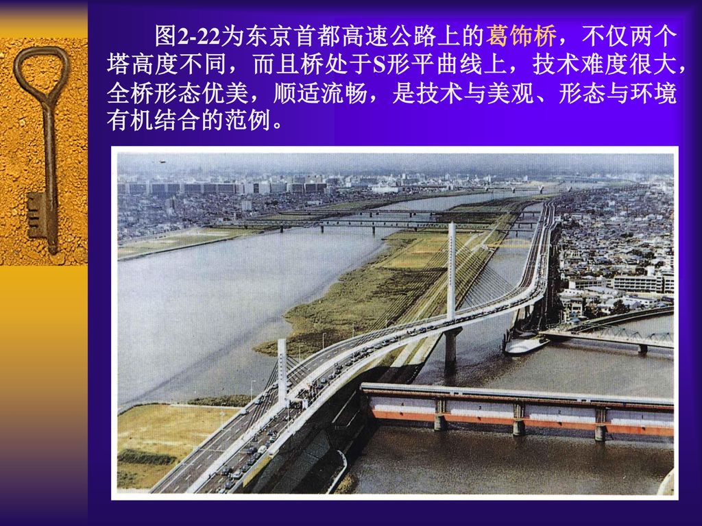 图2-22为东京首都高速公路上的葛饰桥，不仅两个塔高度不同，而且桥处于S形平曲线上，技术难度很大，全桥形态优美，顺适流畅，是技术与美观、形态与环境有机结合的范例。