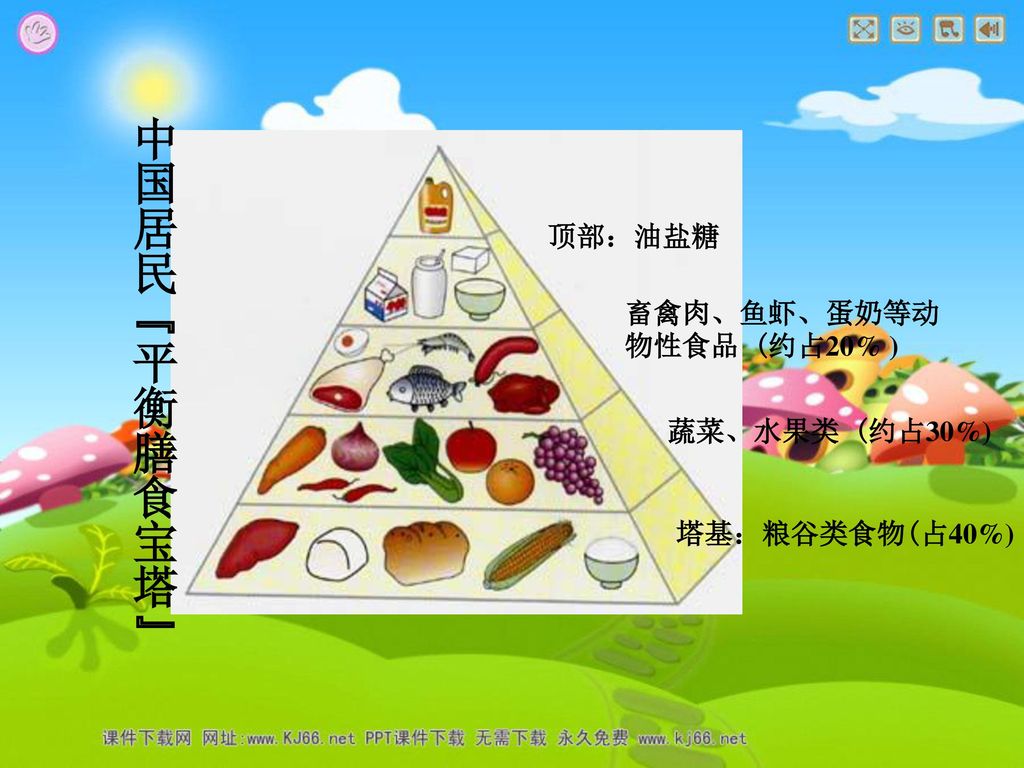 中国居民 平衡膳食宝塔 顶部：油盐糖 畜禽肉、鱼虾、蛋奶等动物性食品 (约占20% ) 蔬菜、水果类 (约占30%)