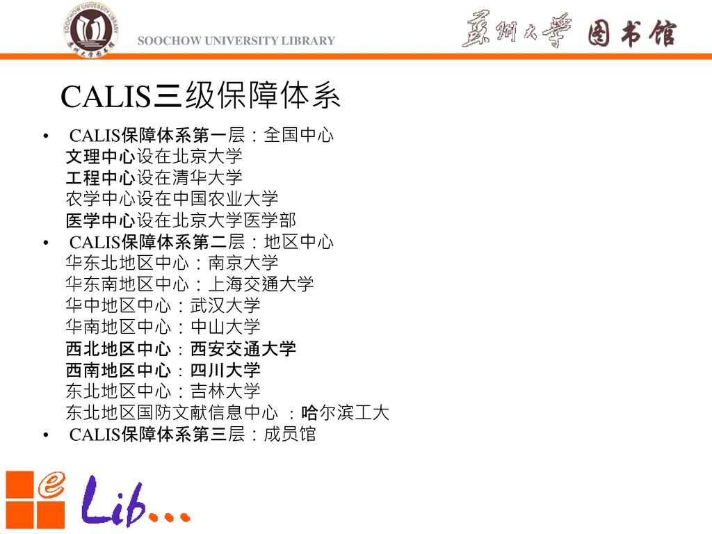 CALIS三级保障体系 CALIS保障体系第一层：全国中心 文理中心设在北京大学 工程中心设在清华大学 农学中心设在中国农业大学