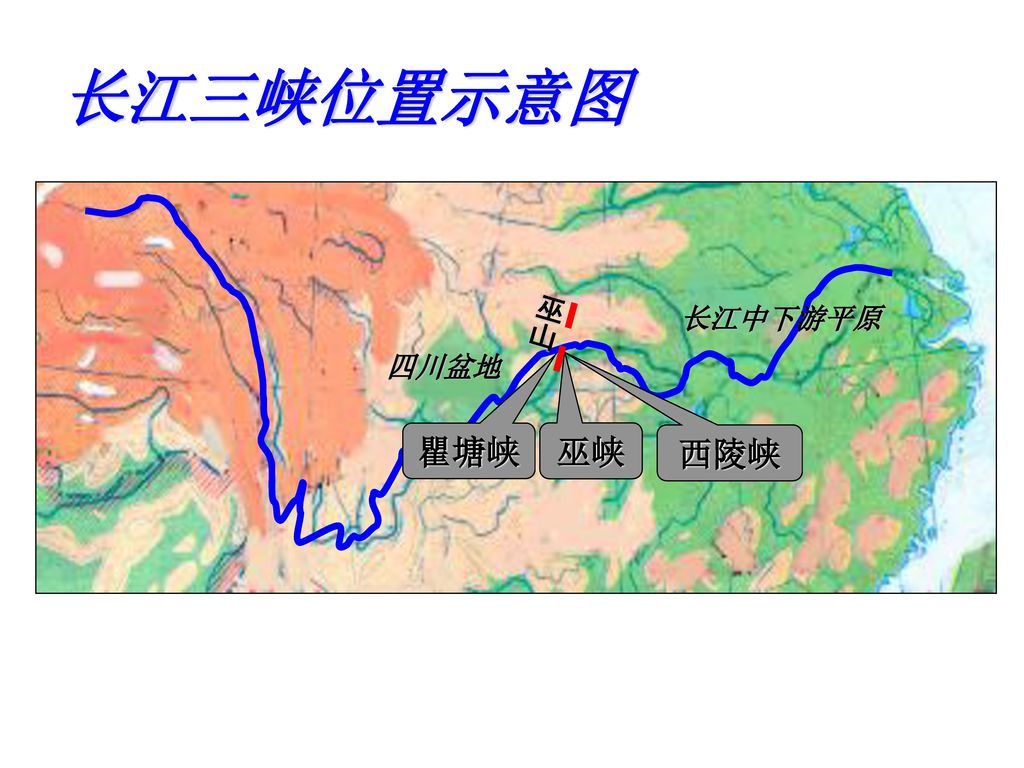 长江三峡位置示意图 巫山 长江中下游平原 四川盆地 瞿塘峡 巫峡 西陵峡