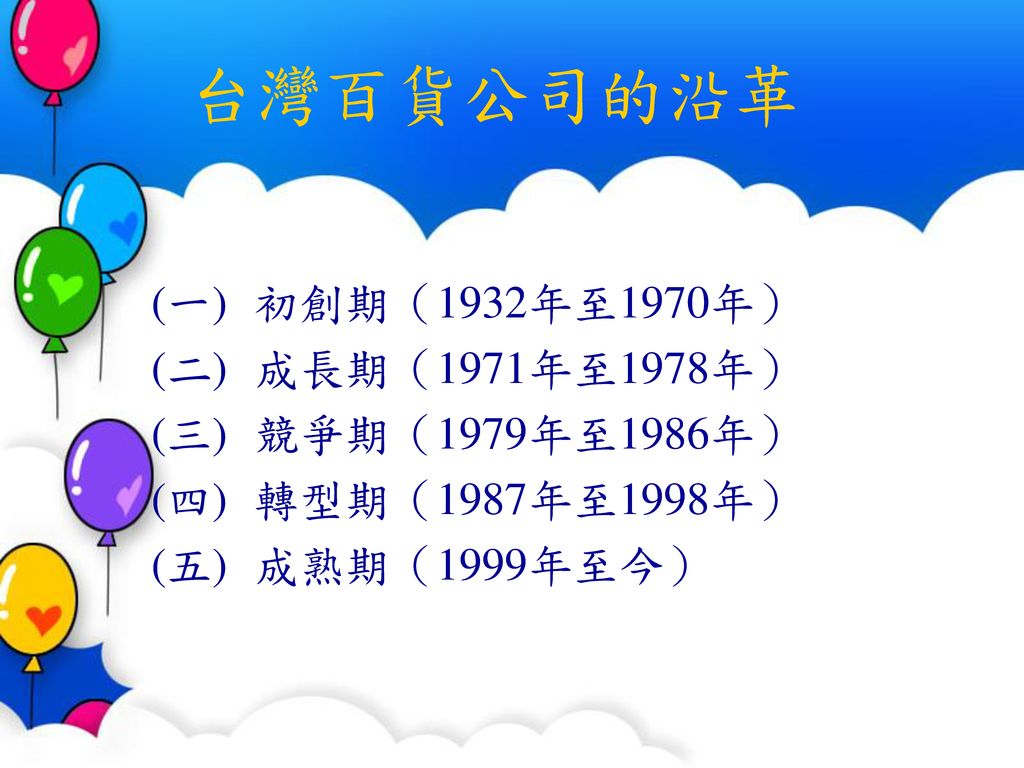 台灣百貨公司的沿革 (一) 初創期（1932年至1970年） (二) 成長期（1971年至1978年）