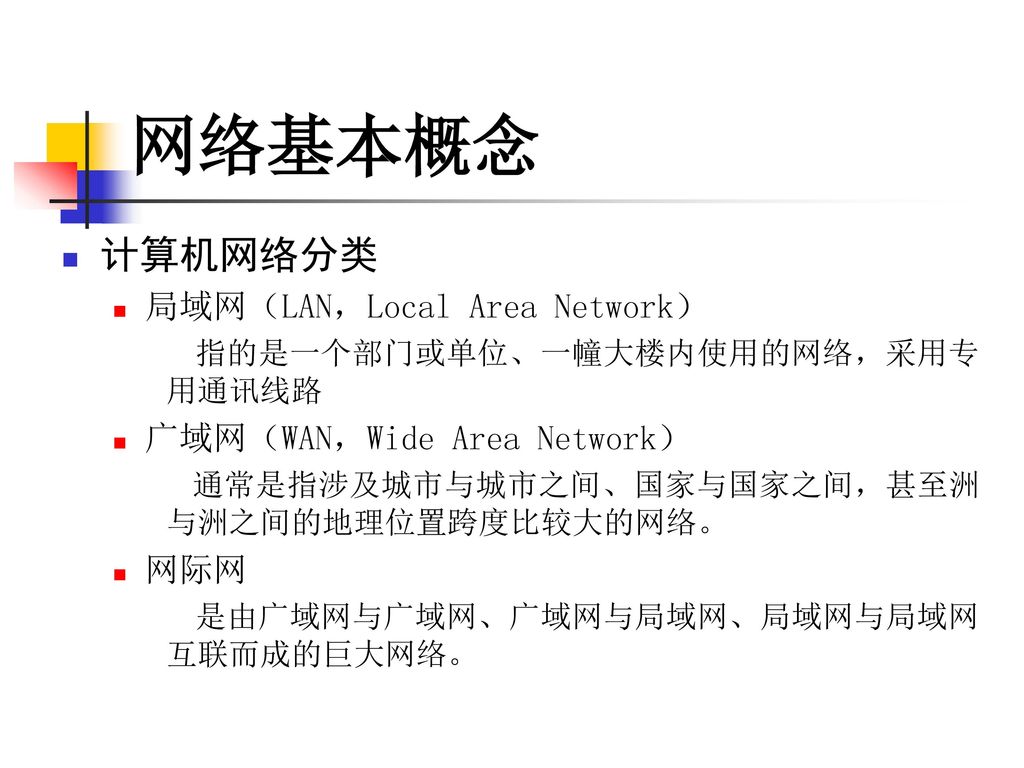 网络基本概念 计算机网络分类 局域网（LAN，Local Area Network） 广域网（WAN，Wide Area Network）