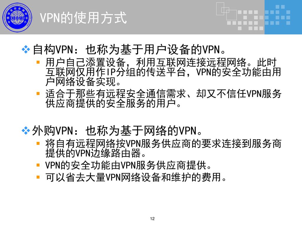 VPN的使用方式 自构VPN：也称为基于用户设备的VPN。 外购VPN：也称为基于网络的VPN。